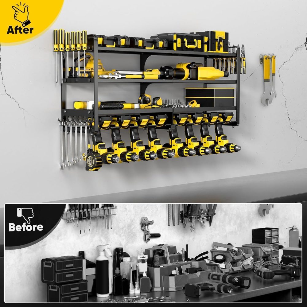 Large Power Tool Organizer Wall Mount, Heavy Duty Widen 8 Drill Holder, 4 Layers Cordless Tool Storage Rack, Utility Racks Shelf for Garage