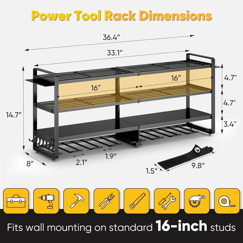 Large Power Tool Organizer Wall Mount, Heavy Duty Widen 8 Drill Holder, 4 Layers Cordless Tool Storage Rack, Utility Racks Shelf for Garage