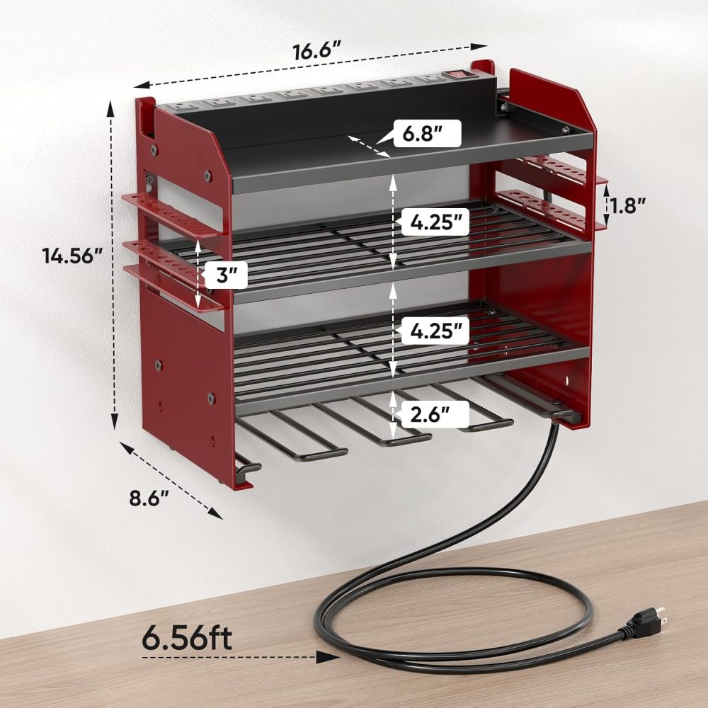 Wall Mount Tool Organizer with Charging Station & 8-Outlet Strip