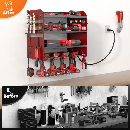 Wall Mount Tool Organizer with Charging Station & 8-Outlet Strip
