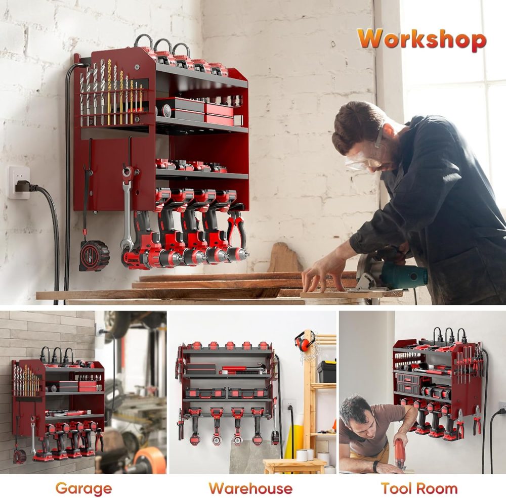 Wall Mount Tool Organizer with Charging Station & 8-Outlet Strip