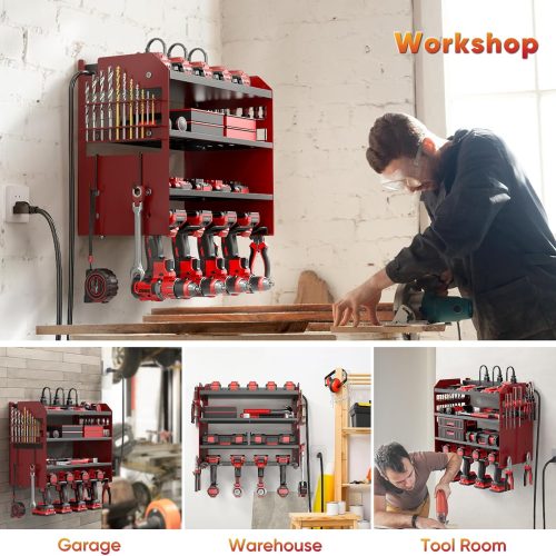 Wall Mount Tool Organizer with Charging Station & 8-Outlet Strip