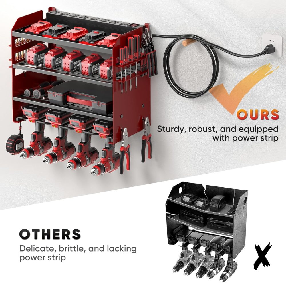 Wall Mount Tool Organizer with Charging Station & 8-Outlet Strip